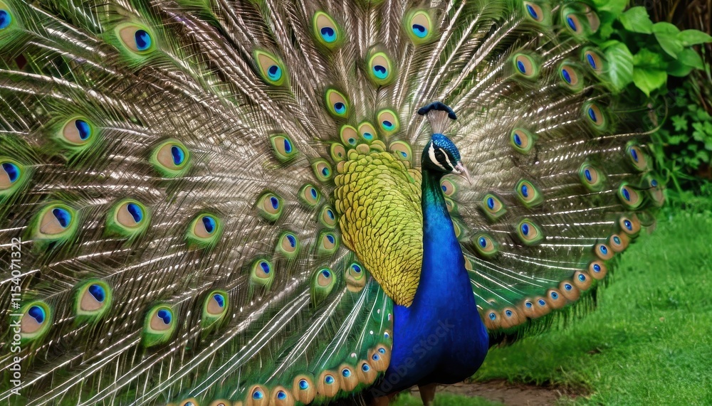 Fototapeta premium A dazzling peacock spreads its colorful fan of feathers, highlighting its natural elegance and the stunning details of its eye-catching plumage