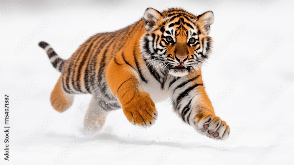 Obraz premium Playful Tiger Cub Running Through Snowy Landscape in Winter