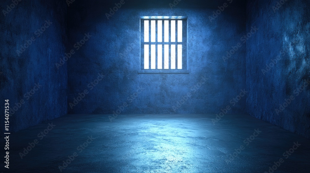 A dimly lit room with a barred window, suggesting confinement or isolation. A dimly lit room with a barred window, suggesting confinement or isolation.