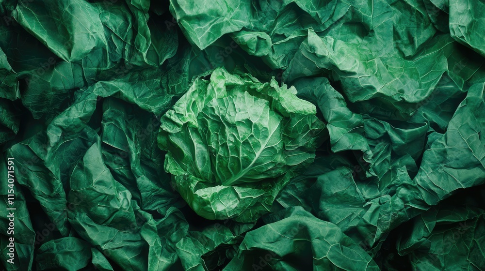 Fototapeta premium Fresh Organic Cabbage Surrounded by Green Leaves on a Rustic Background Perfect for Healthy Cooking and Culinary Concepts