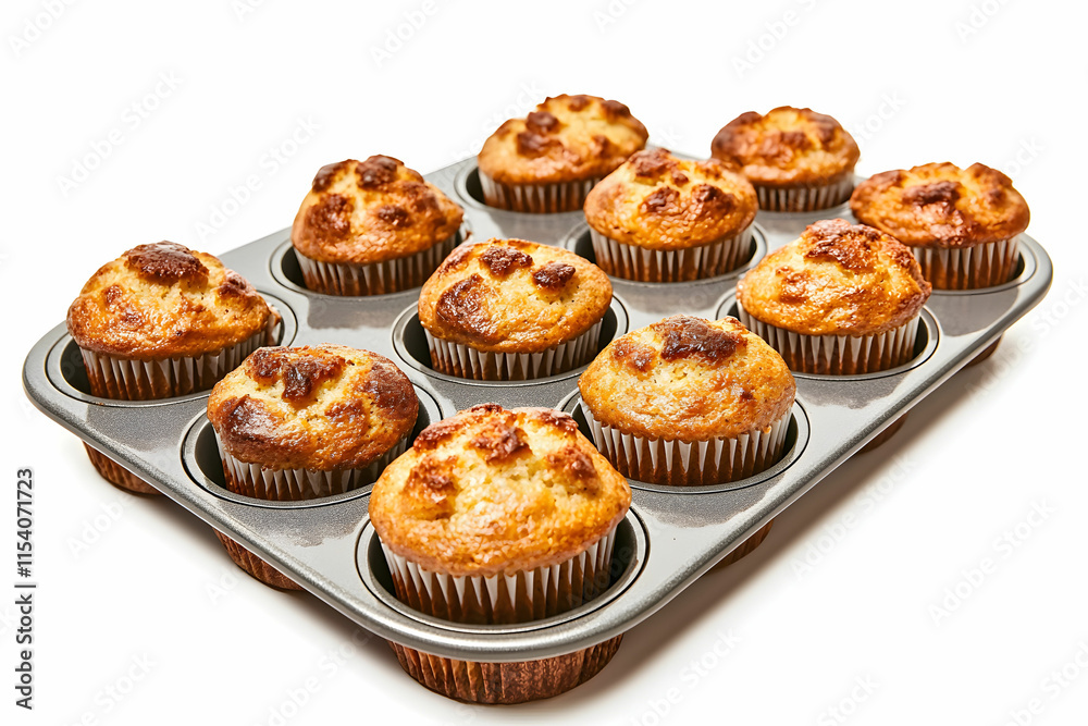 Freshly Baked Golden Muffins in a Pan on a White Background Freshly Baked Golden Muffins in a Pan on a White Background