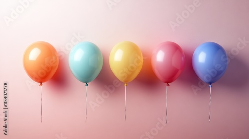 Colorful balloons in a row against a soft pastel background for birthday and celebration themes photo