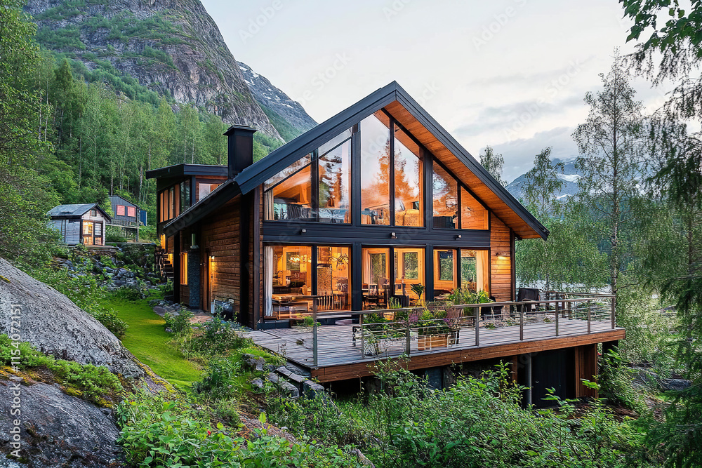 Modern Scandinavian house in Norway, panoramic windows overlooking the fjord, wooden construction with black accents and glass elements, large terrace on one side of two floors, surrounded by greenery Modern Scandinavian house in Norway, panoramic windows overlooking the fjord, wooden construction with black accents and glass elements, large terrace on one side of two floors, surrounded by greenery