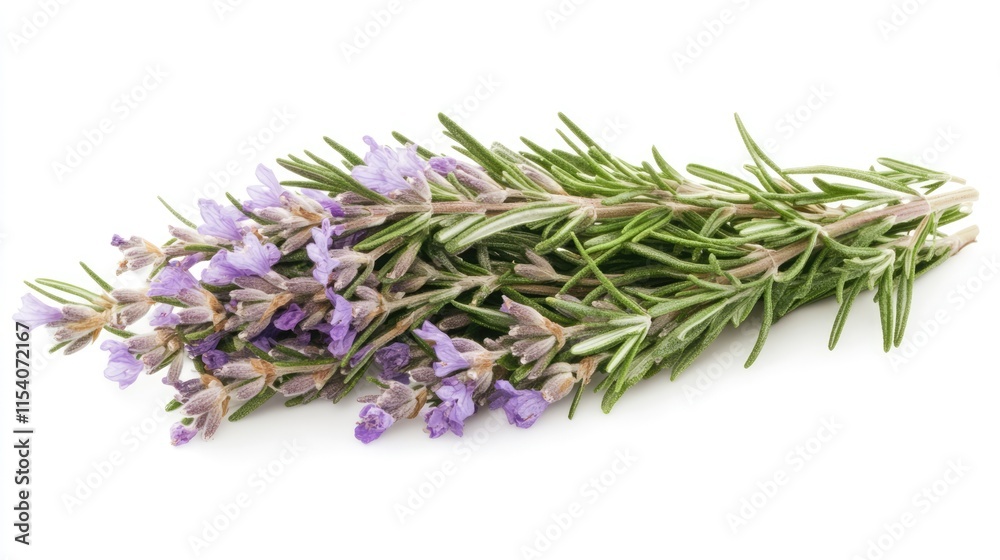 Naklejka premium Fresh rosemary sprigs with purple flowers arranged attractively on a white background for culinary and herbal use concept