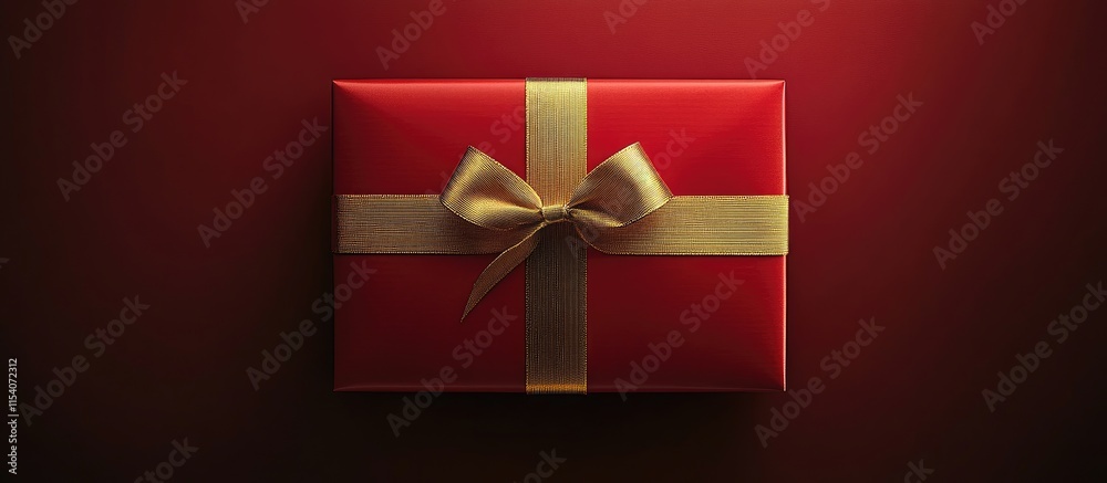Elegant red gift box with a shimmering golden bow on a rich background high resolution top view festive present decoration image Elegant red gift box with a shimmering golden bow on a rich background high resolution top view festive present decoration image