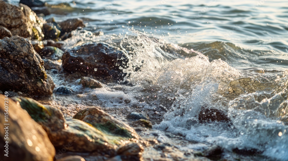 Dynamic waves crashing against rocky shoreline at sunset creating a serene natural landscape with splashes of water and textured stones. Dynamic waves crashing against rocky shoreline at sunset creating a serene natural landscape with splashes of water and textured stones.