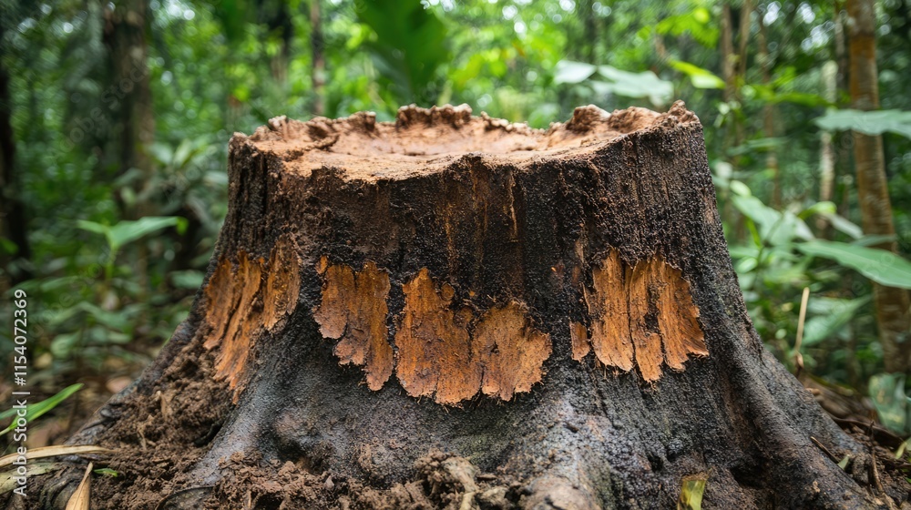 Tree stump in a lush green forest showcasing natural decay and the impact of deforestation on the ecosystem and wildlife habitat. Tree stump in a lush green forest showcasing natural decay and the impact of deforestation on the ecosystem and wildlife habitat.
