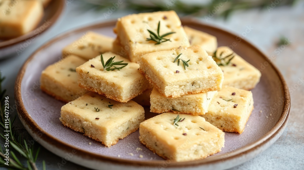 Rosemary infused shortbread cookies arranged on a rustic plate with fresh herbs for a culinary presentation and gourmet dessert idea Rosemary infused shortbread cookies arranged on a rustic plate with fresh herbs for a culinary presentation and gourmet dessert idea