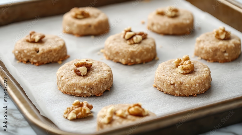 Honey walnut biscuits on a baking sheet with parchment paper ready for the oven freshly prepared for a delicious treat. Honey walnut biscuits on a baking sheet with parchment paper ready for the oven freshly prepared for a delicious treat.