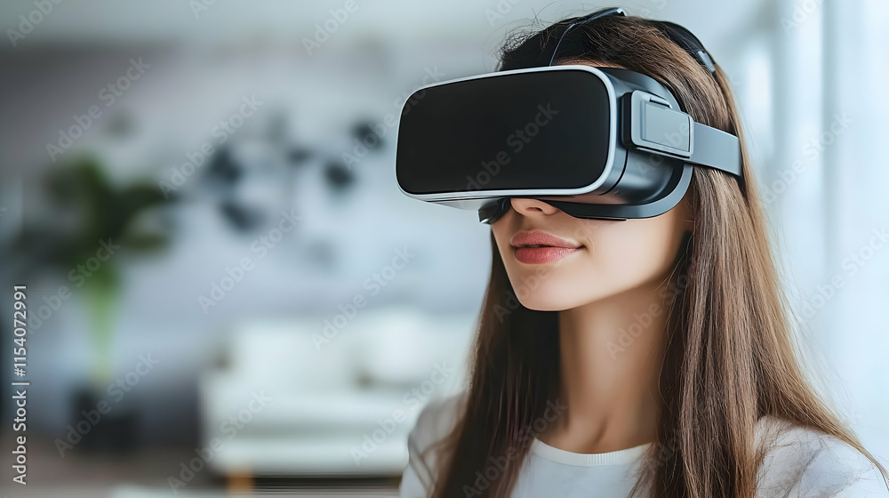 Woman Using VR Headset, Virtual Reality Experience Woman Using VR Headset, Virtual Reality Experience