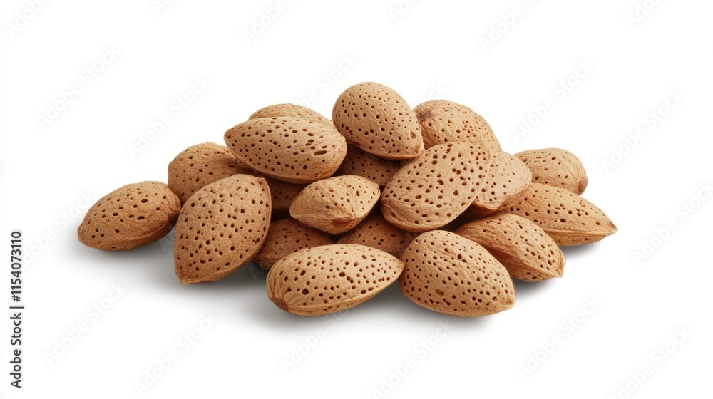 Raw almonds in natural shells arranged on a white background showcasing their textured surface and organic appeal for healthy eating concepts. Raw almonds in natural shells arranged on a white background showcasing their textured surface and organic appeal for healthy eating concepts.