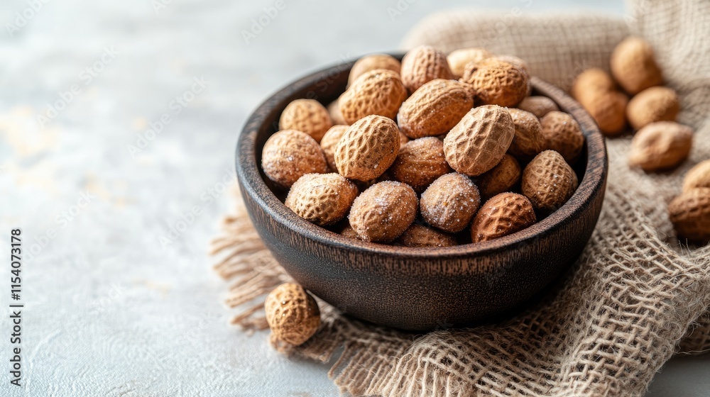 Dried salted peanuts in a rustic wooden bowl on a textured surface with natural lighting showcasing their earthy tones and textures Dried salted peanuts in a rustic wooden bowl on a textured surface with natural lighting showcasing their earthy tones and textures