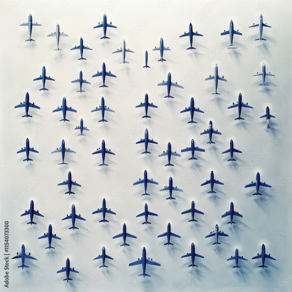 Aerial view of many small airplane models arranged on a white background.