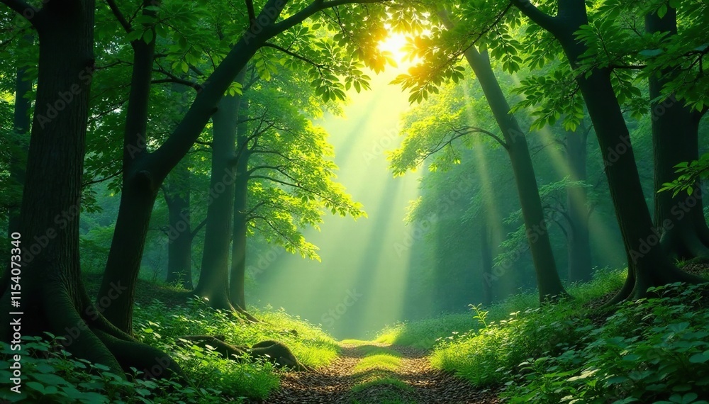 Obraz premium Dense forest canopy with sunlight filtering through, sunlit leaves, layered foliage, verdant scene