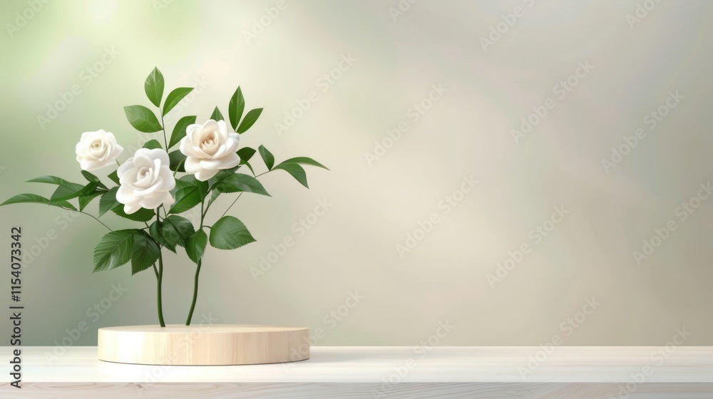 Wooden Podium with White Roses on Soft Backdrop Wooden Podium with White Roses on Soft Backdrop