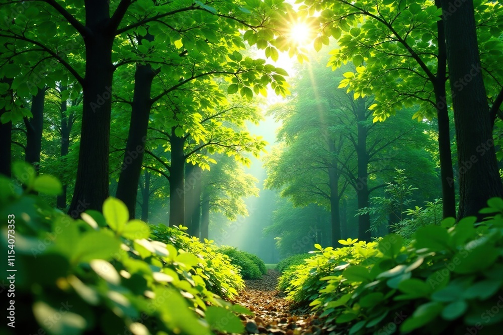 Obraz premium Dense foliage with sunlight filtering through leafy canopy above, green, trees