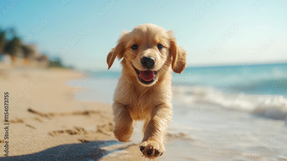 Adorable puppy joyfully running along the beach with ocean waves at sunset playful and energetic moment captured outdoors Adorable puppy joyfully running along the beach with ocean waves at sunset playful and energetic moment captured outdoors