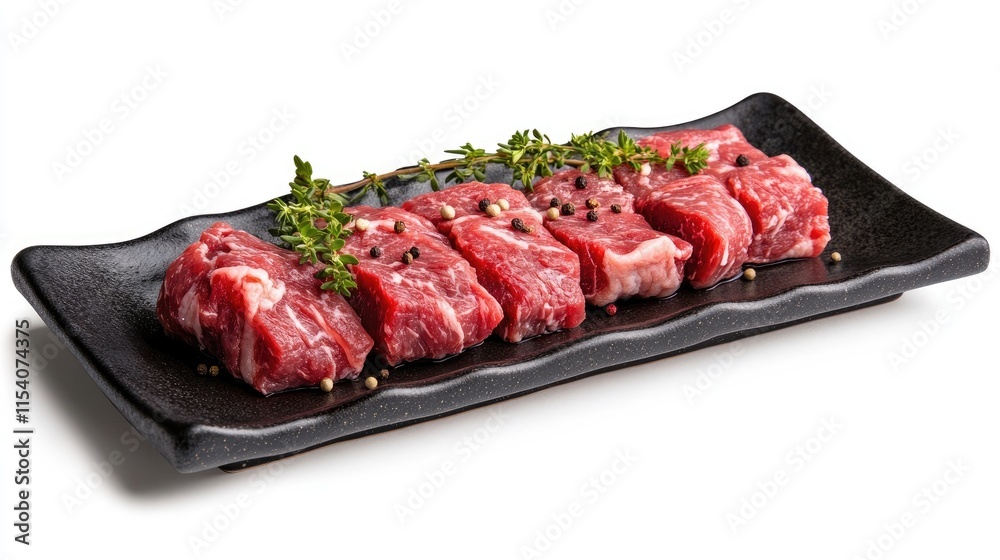Fresh raw beef cuts garnished with thyme and black pepper on a stylish black ceramic platter against a clean white background Fresh raw beef cuts garnished with thyme and black pepper on a stylish black ceramic platter against a clean white background