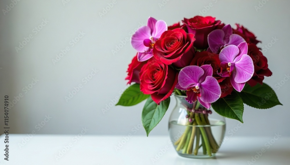 Naklejka premium Floral bouquet with red roses and purple orchids, home decor, fresh cut flowers, red roses
