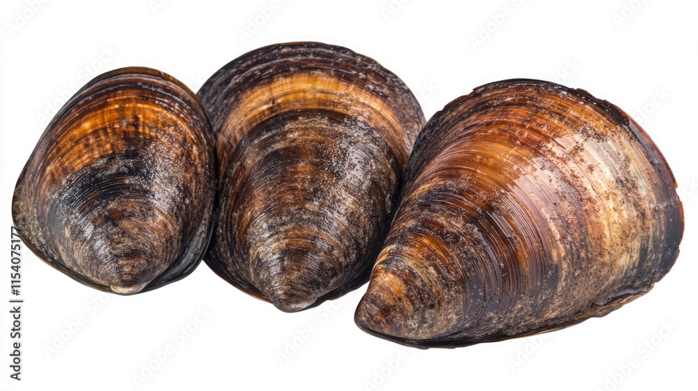 Fresh bouchot mussels grouped on white background showcasing natural texture and color ideal for culinary or seafood-related projects Fresh bouchot mussels grouped on white background showcasing natural texture and color ideal for culinary or seafood-related projects