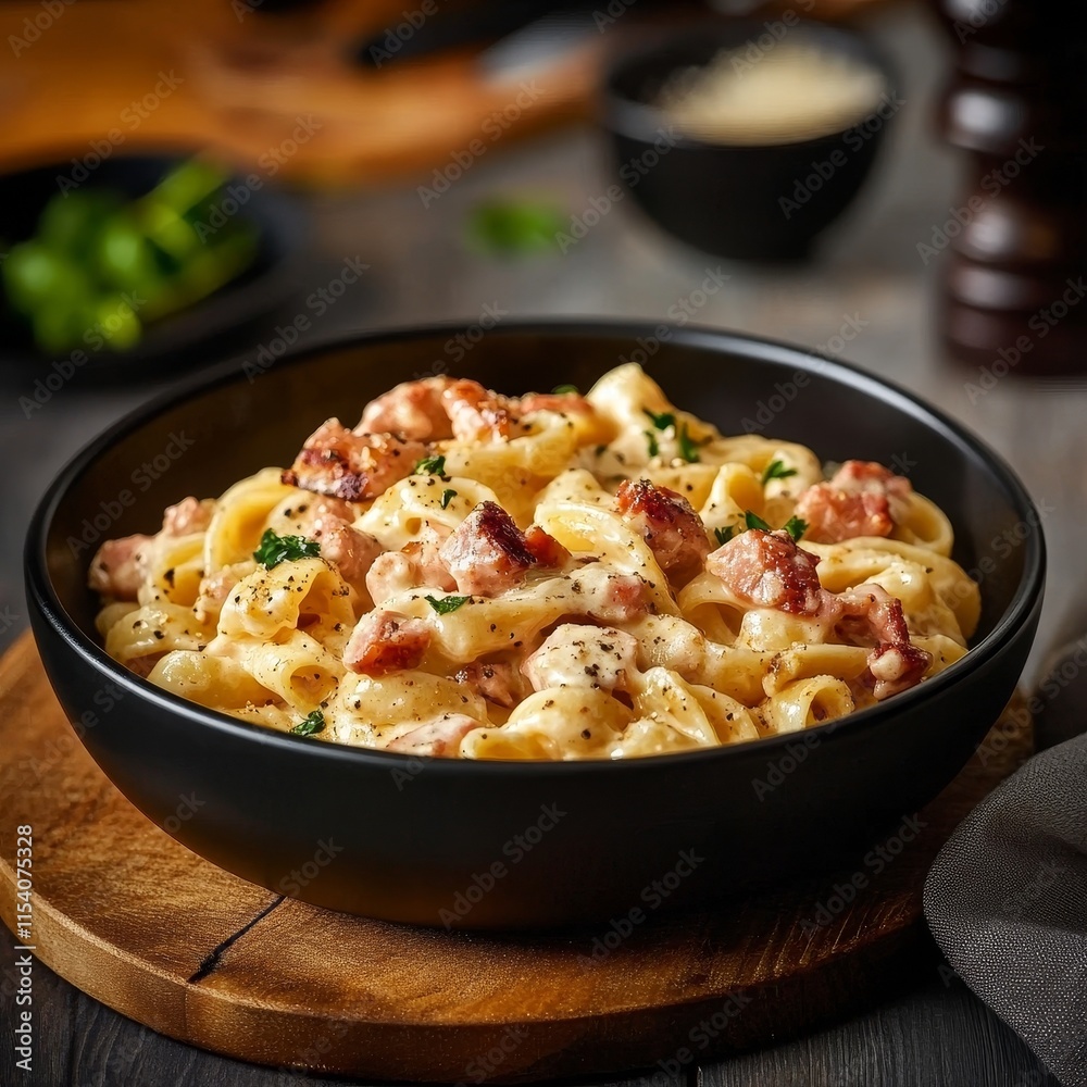 Rich and Creamy Pasta With Tender Chunks of Meat and Herbs Served in a Rustic Bowl on a Wooden Table in a Cozy Dining Setting Rich and Creamy Pasta With Tender Chunks of Meat and Herbs Served in a Rustic Bowl on a Wooden Table in a Cozy Dining Setting