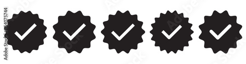 Verified check badge icon collection. Identified blue sticker collection. Set of black medal with tick symbol, Verification icons. Verified badge. Verified badge profile set. Check mark icons.