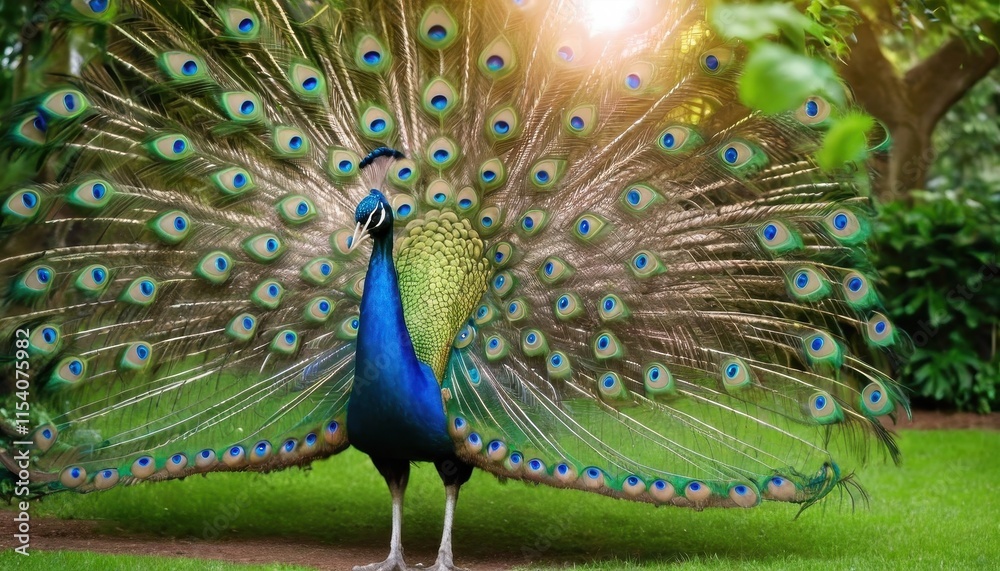 Obraz premium A stunning peacock showcasing its vibrant and colorful tail feathers under the soft sunlight in a lush, tropical garden setting. A symbol of beauty and elegance