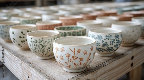 Handbuilt ceramics studio featuring delicate underglaze patterns and sgraffito surface treatments Pieces are waiting for a reduction kiln firing to reveal rich glaze tones photo