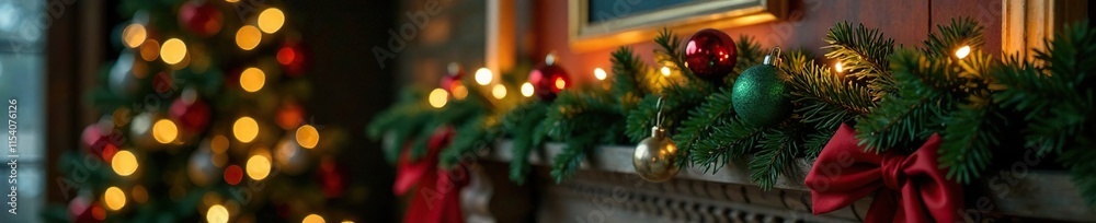 Fototapeta premium Christmas tree decorated with red green ornaments on the mantel, festive decor, red decorations, holiday decoration