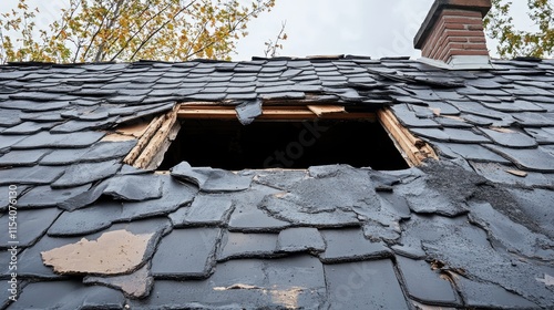 Damaged roof with large hole showing water leakage exposing underlying structure and potential indoor damage