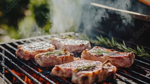 Juicy lamb cutlets grilling on BBQ with aromatic herbs for a festive backyard cooking celebration and outdoor party meal photo