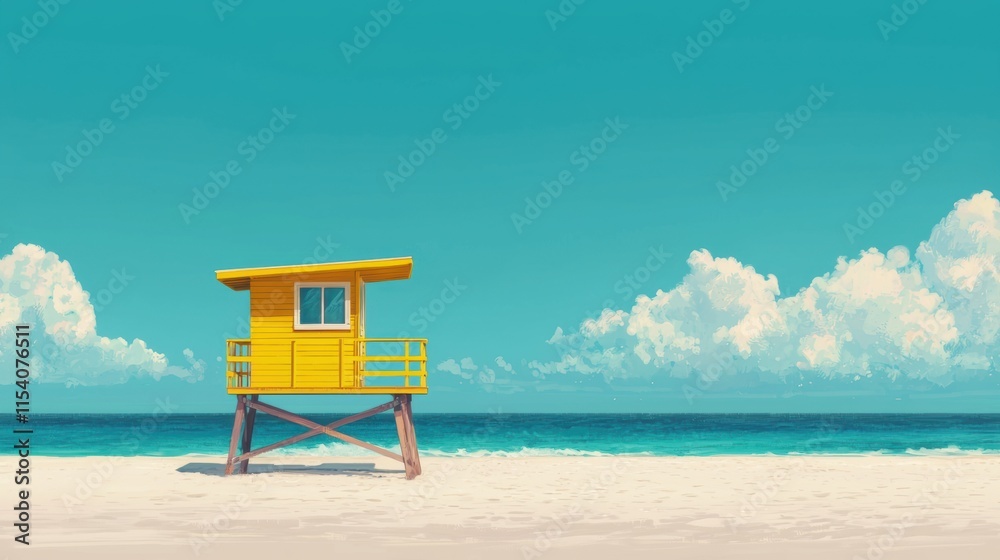 Vibrant Yellow Lifeguard Shack on Serene Sandy Beach with Waves Vibrant Yellow Lifeguard Shack on Serene Sandy Beach with Waves