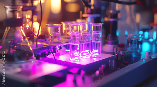 Redox reaction in a voltaic cell showcasing bright led indicators and beakers in laboratory setting. Galvanic. Illustration