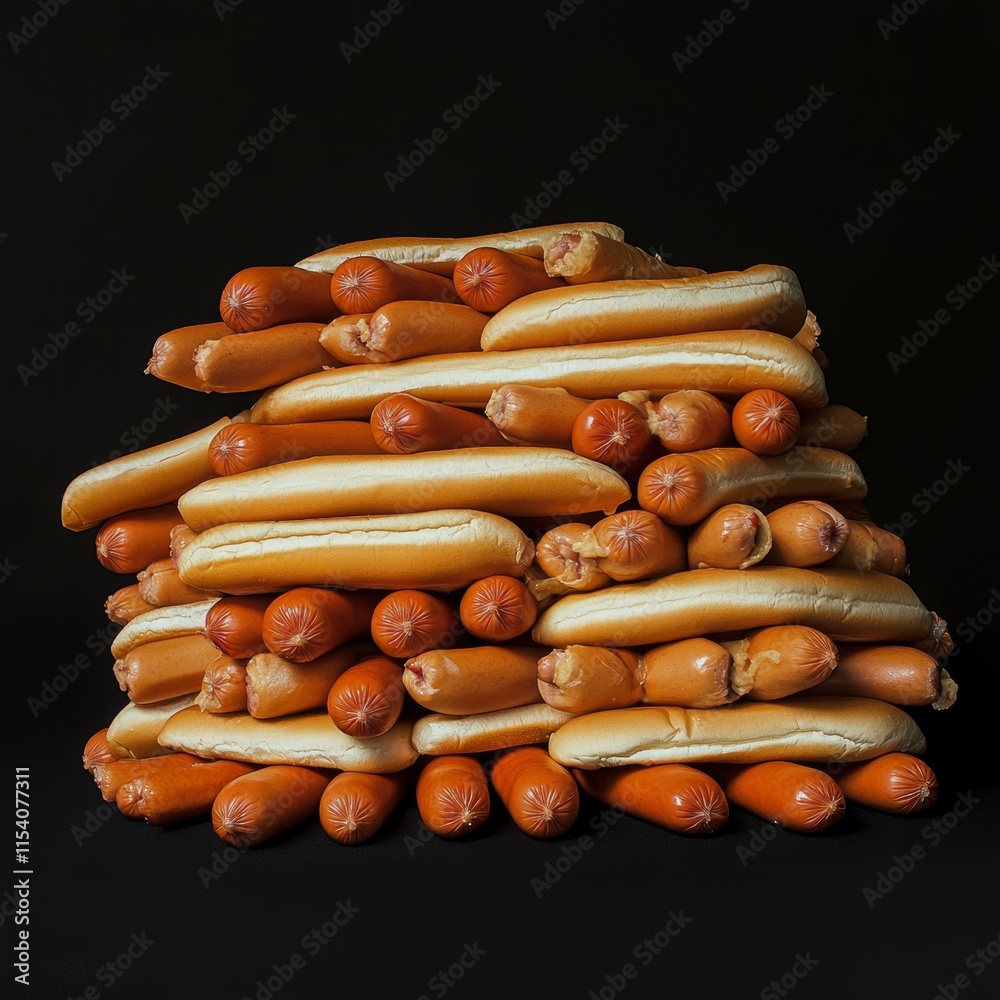 Pile of Sausages and Buns Stacked Artistically Against a Dark Background Highlighting Food Composition Pile of Sausages and Buns Stacked Artistically Against a Dark Background Highlighting Food Composition
