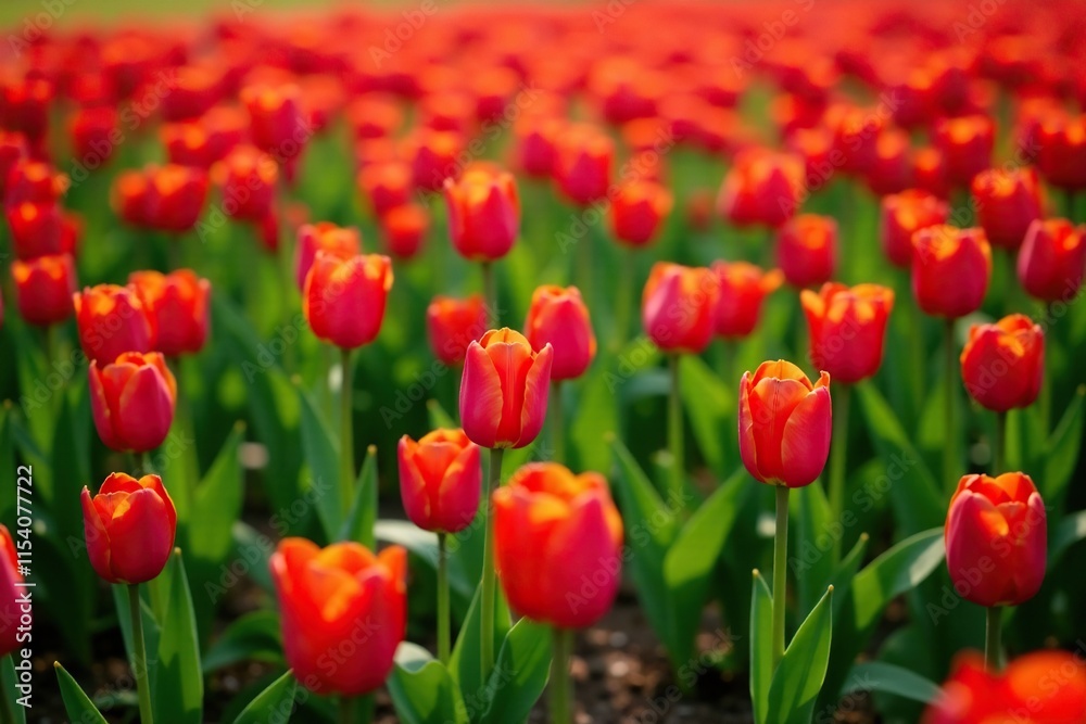 A carpet of red tulips covering the grassy meadow floor, meadow, field, wildflowers A carpet of red tulips covering the grassy meadow floor, meadow, field, wildflowers