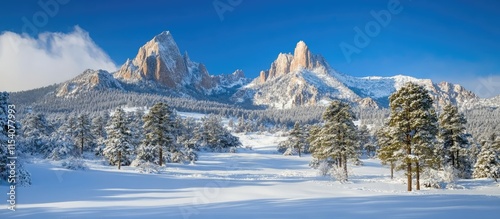 Majestic Rocky Mountains Covered in Snow Under Clear Blue Skies in Winter Scenic Landscape photo