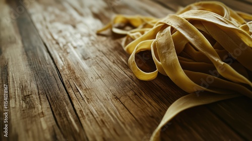 Freshly made tagliatelle pasta resting on a rustic wooden surface ready for cooking or presentation in culinary art.