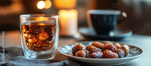 Festive Ramadan ambiance featuring dates, a candle lamp, and a cup of black tea elegantly arranged on a table setting. photo