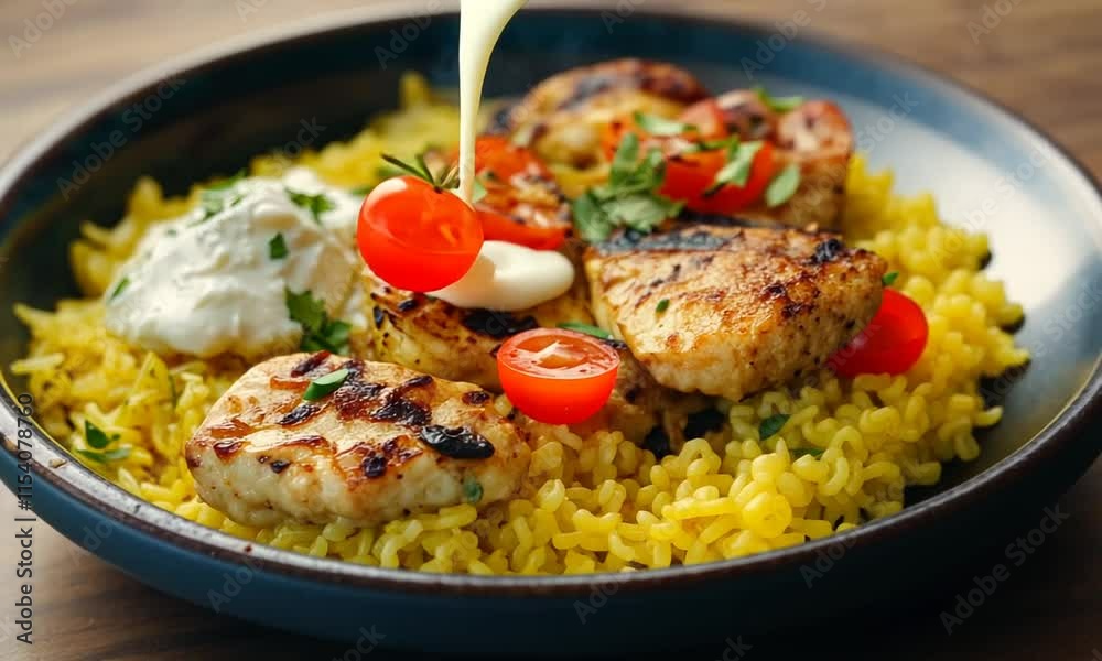 Delicious Grilled Chicken with Saffron Rice and Creamy Yogurt Sauce Delicious Grilled Chicken with Saffron Rice and Creamy Yogurt Sauce