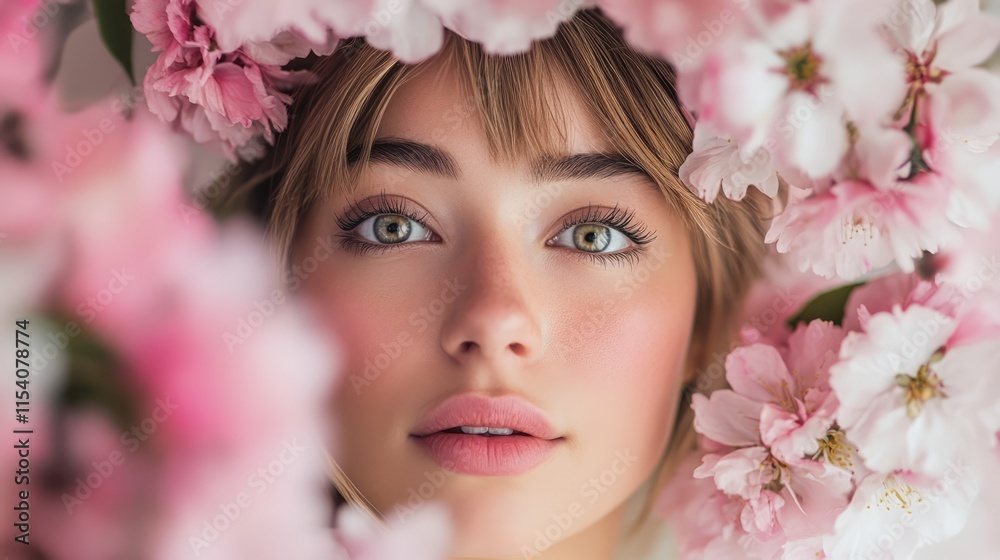 Young woman surrounded by pink cherry blossoms with captivating green eyes and soft makeup creating a serene and delicate atmosphere. Young woman surrounded by pink cherry blossoms with captivating green eyes and soft makeup creating a serene and delicate atmosphere.