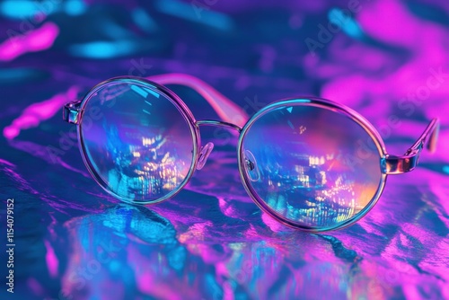 Colorful round sunglasses reflecting vibrant lights on a shiny surface in a creative setting. Generative AI