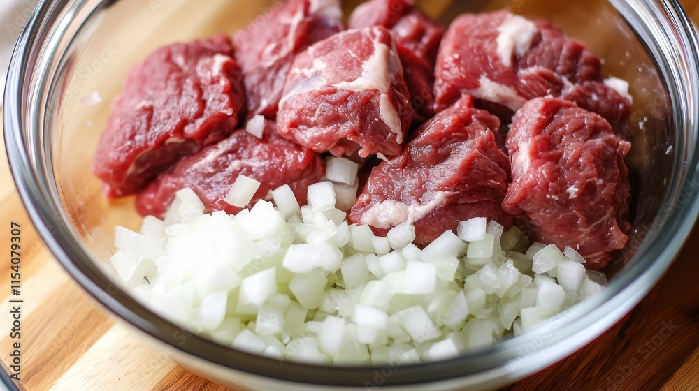 Fresh Raw Lamb Chops and Chopped Onions Prepared for Cooking in a Glass Bowl on Wooden Surface Fresh Raw Lamb Chops and Chopped Onions Prepared for Cooking in a Glass Bowl on Wooden Surface