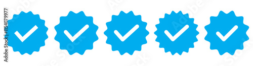 Social media account verification icons. Verified badge profile set. Isolated check mark on black, blue and white. Set of blue check mark badge icons. Profile verification icons.