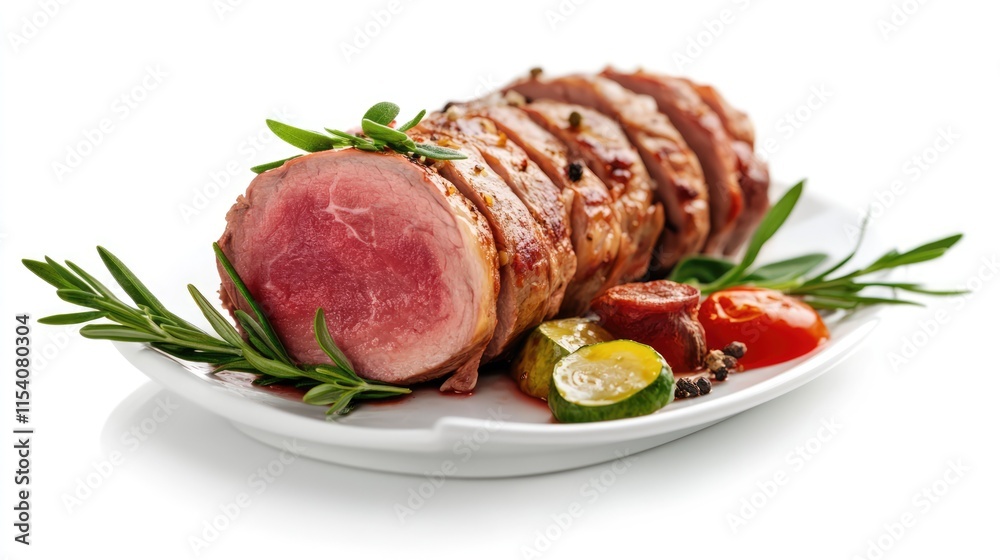Deliciously prepared meat dish garnished with fresh herbs and colorful vegetables on a white plate ready for cooking or presentation Deliciously prepared meat dish garnished with fresh herbs and colorful vegetables on a white plate ready for cooking or presentation