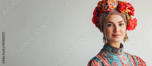 Traditional woman in vibrant attire with floral headdress posed against a neutral background showcasing cultural beauty and elegance. photo