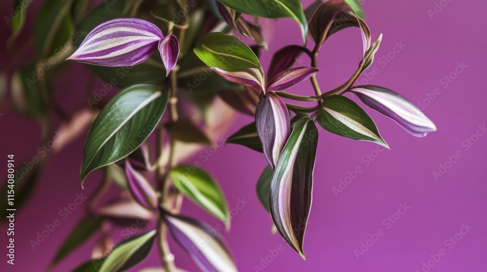 Obraz premium Trailing tradescantia plant with vibrant striped leaves against a pink background showcasing its unique beauty as a houseplant.