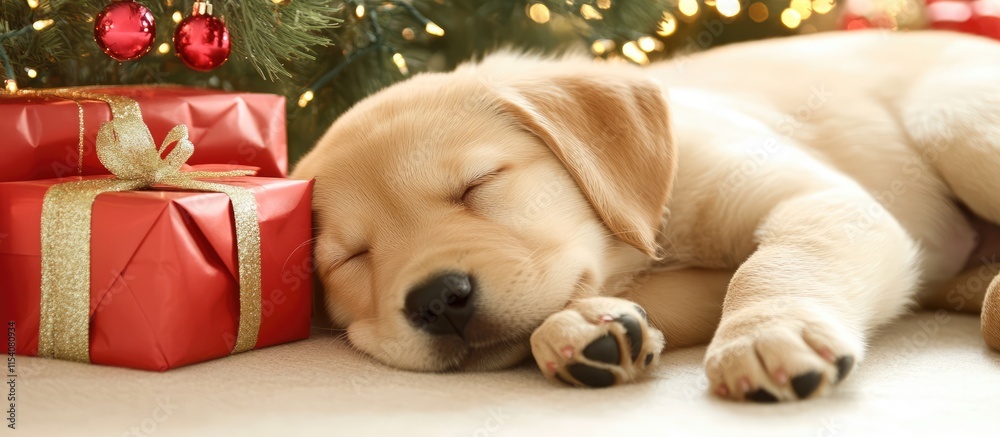 Sleeping puppy nestled among holiday gifts under a festive tree filled with Christmas decorations and warm lights Sleeping puppy nestled among holiday gifts under a festive tree filled with Christmas decorations and warm lights