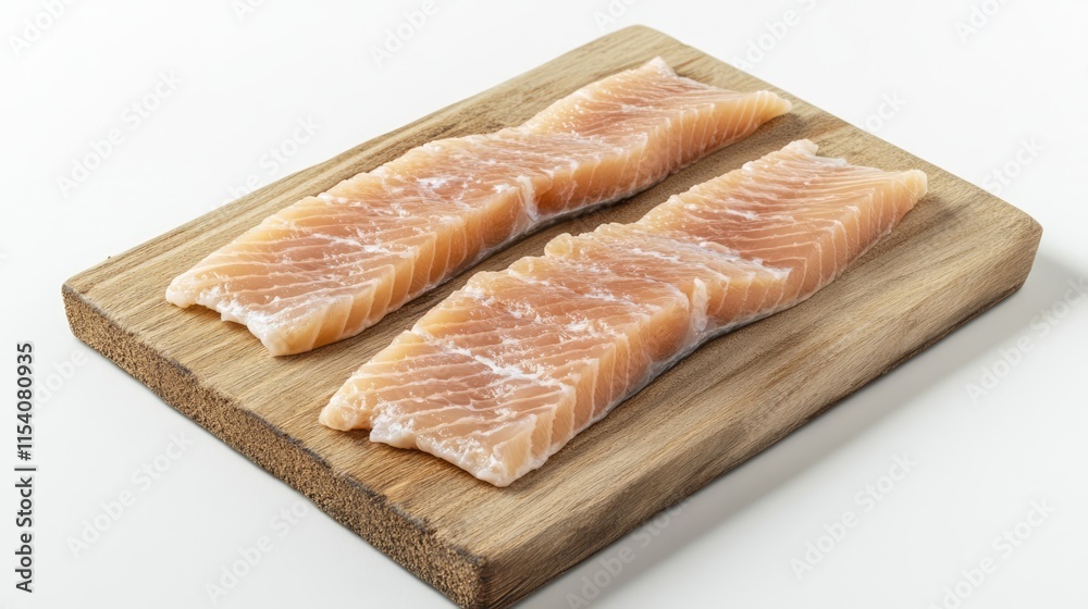 Freshly prepared raw salmon fillets on a wooden cutting board isolated on white background for culinary and seafood compositions Freshly prepared raw salmon fillets on a wooden cutting board isolated on white background for culinary and seafood compositions