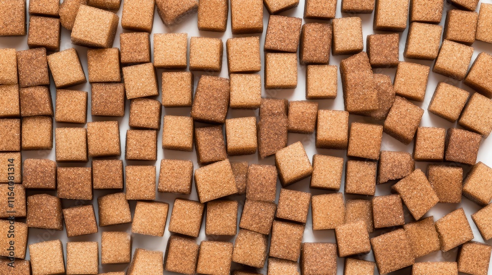 Unrefined brown sugar cubes arranged in a textured pattern showcasing natural sweetness on a clean white background Unrefined brown sugar cubes arranged in a textured pattern showcasing natural sweetness on a clean white background