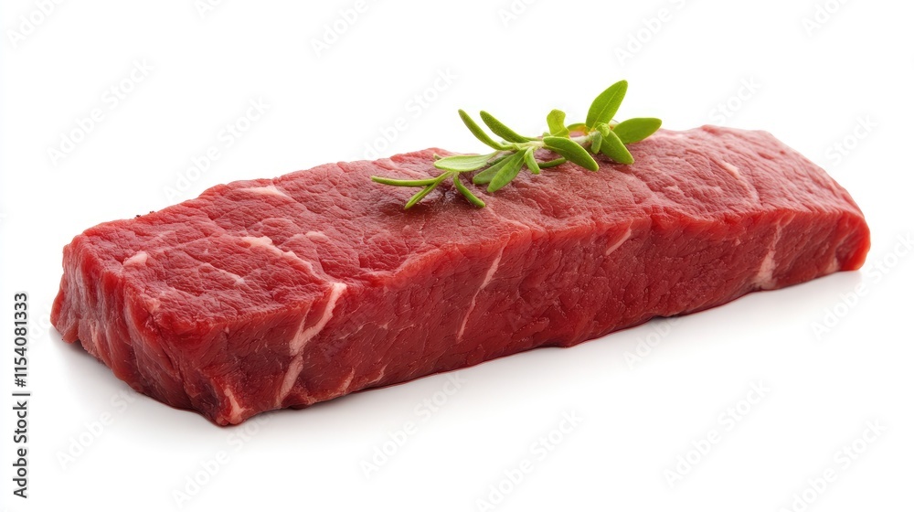 Raw uncooked beef striploin steak with fresh herbs showcasing rich red color and marbling ideal for culinary use and food photography. Raw uncooked beef striploin steak with fresh herbs showcasing rich red color and marbling ideal for culinary use and food photography.